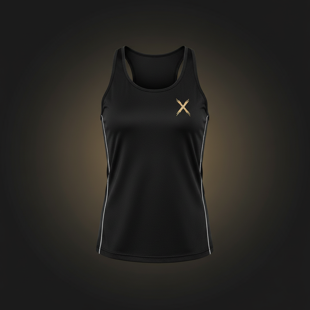 Tank top deportivo negro con detalles dorados y blancos