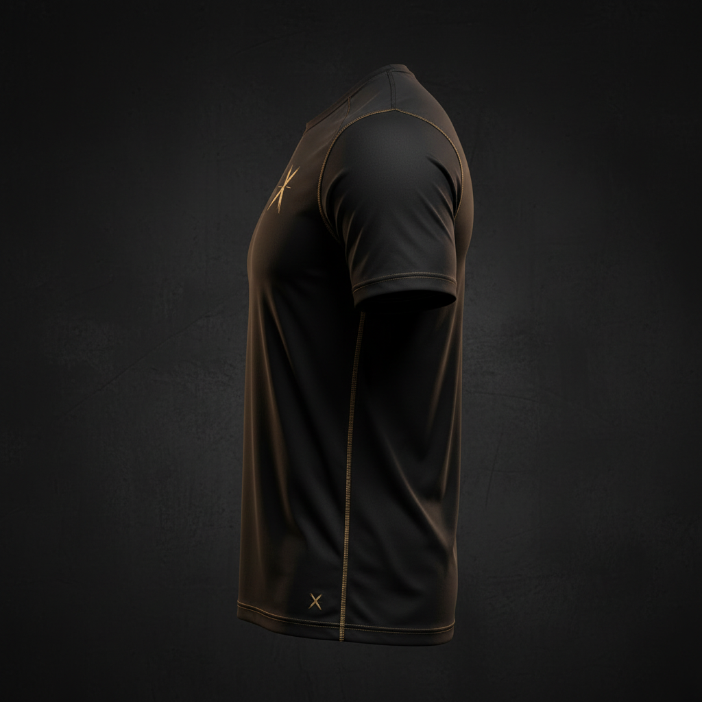 Camiseta técnica deportiva vista lateral en negro y dorado