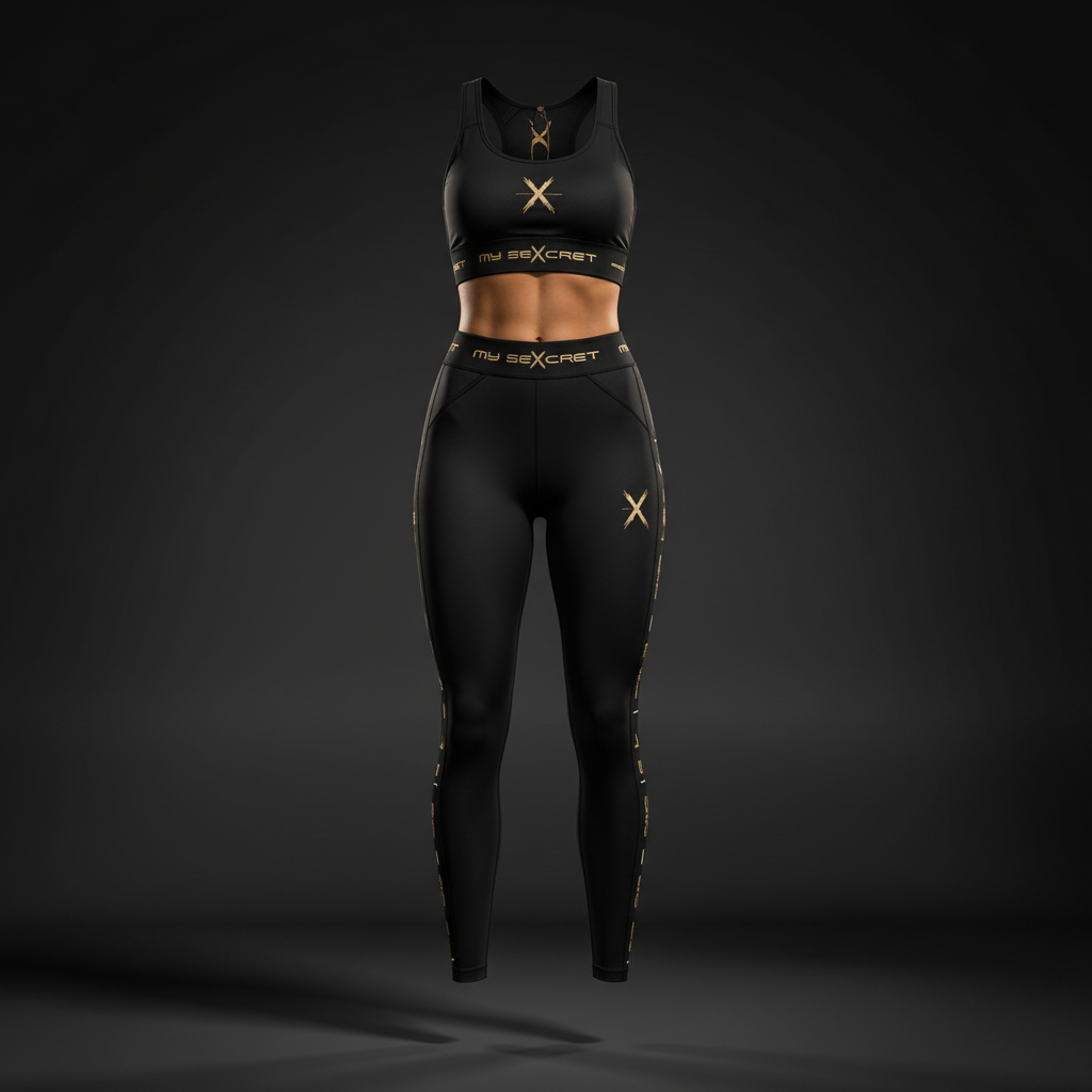 Conjunto deportivo visto frontalmente en negro y dorado