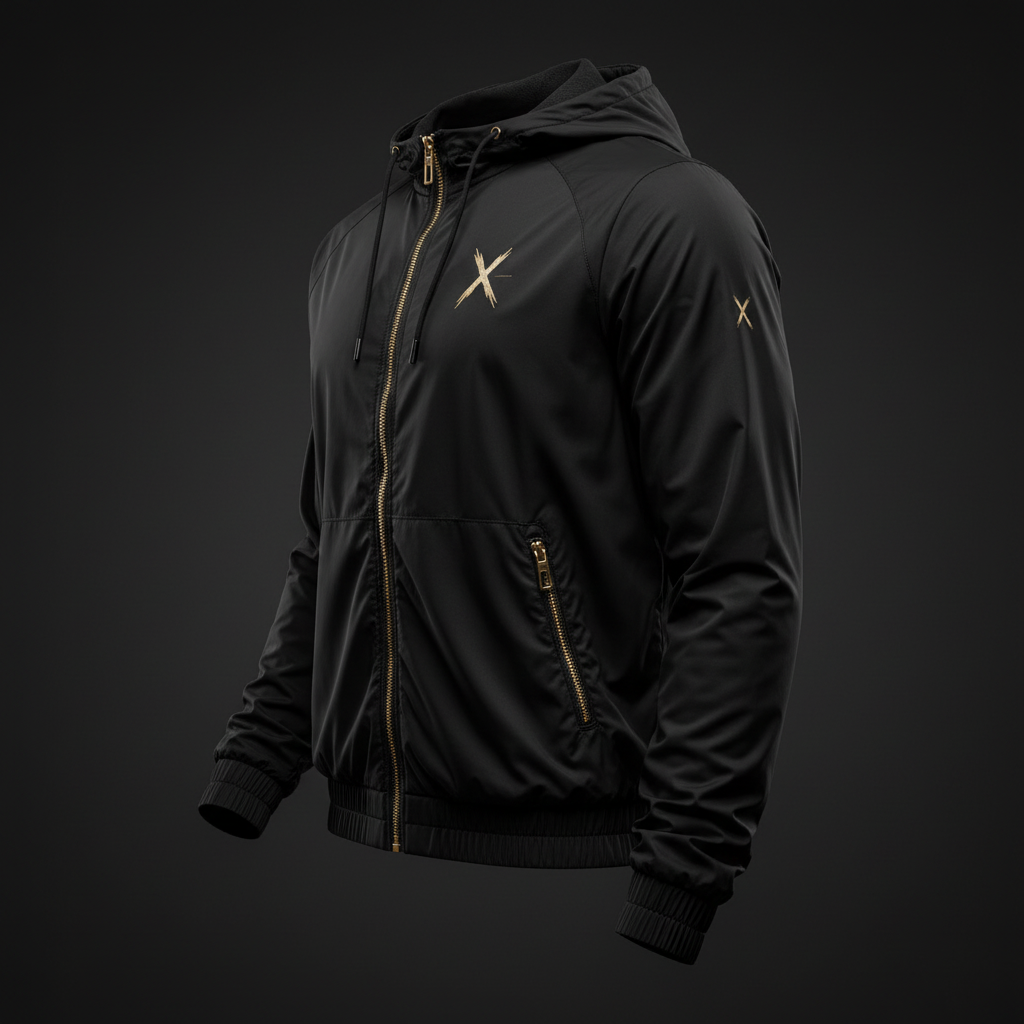 Chaqueta deportiva vista lateral en negro y dorado