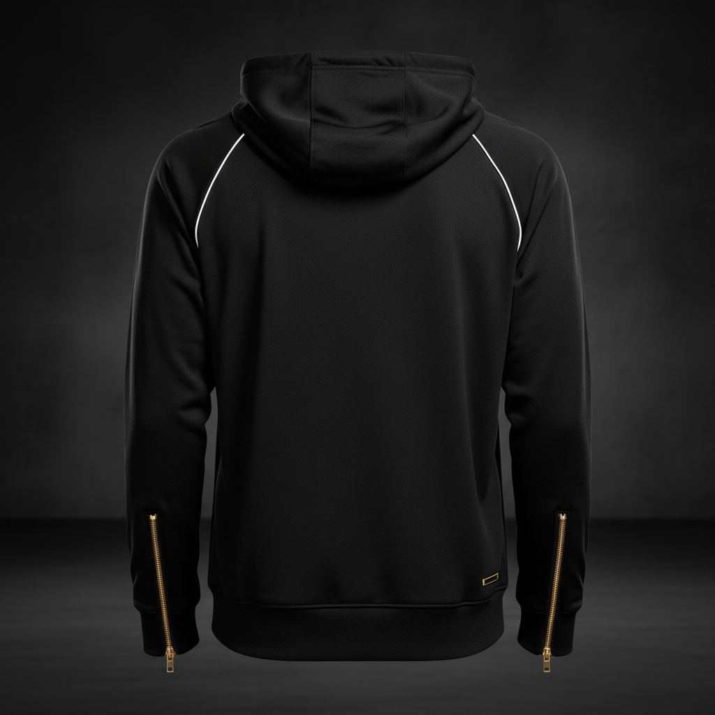Sudadera deportiva vista por detrás en negro y dorado