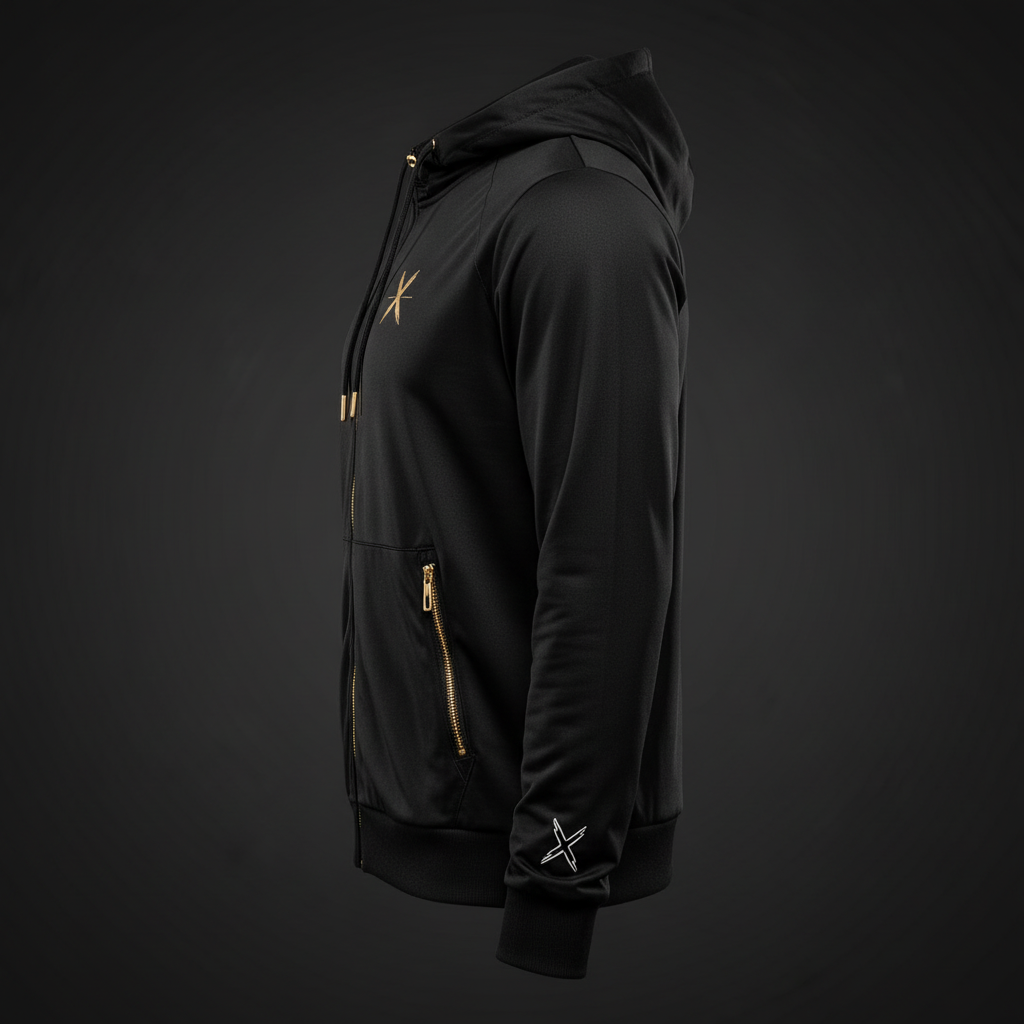 Sudadera deportiva vista de lado en negro y dorado