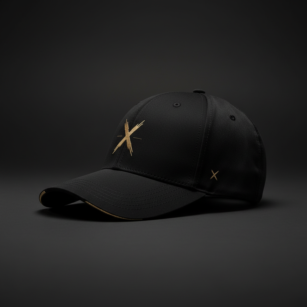 Gorra deportiva vista de lado en negro y dorado