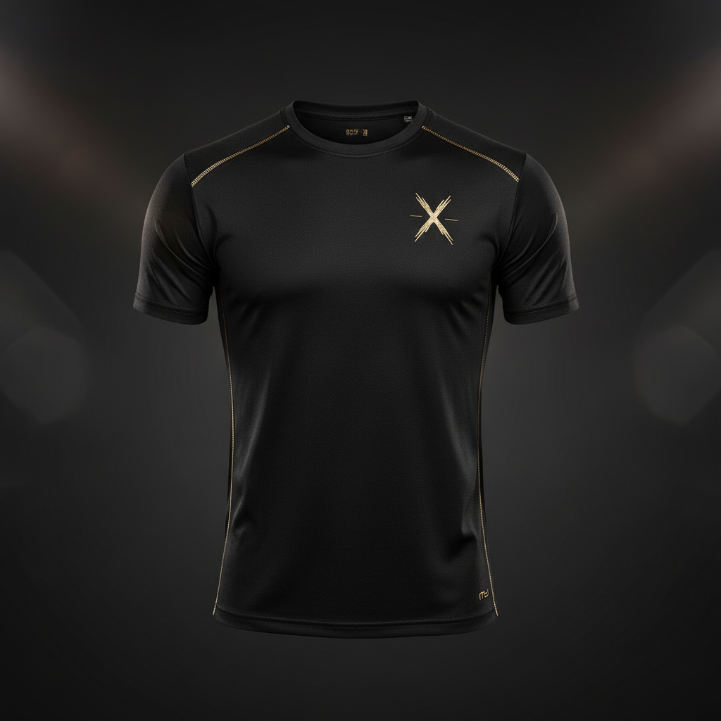 Camiseta técnica deportiva negra con detalles dorados y blancos