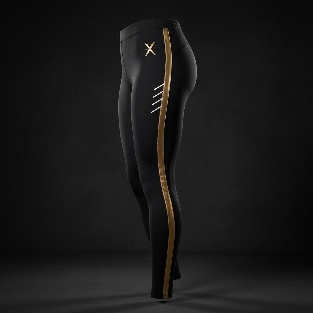 Leggings deportivos vistos de lado en negro y dorado