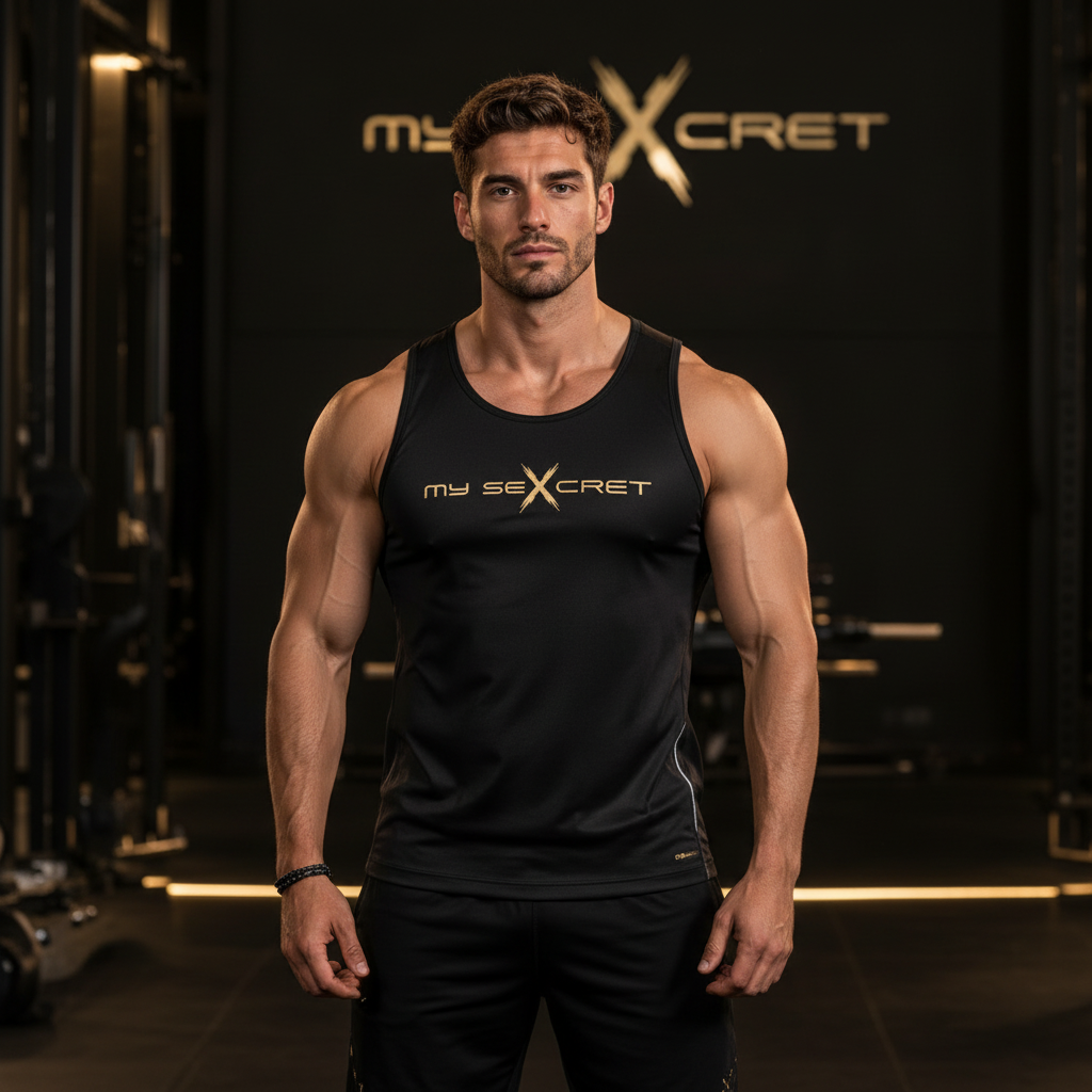 Modelo atlético con tank top negro y dorado