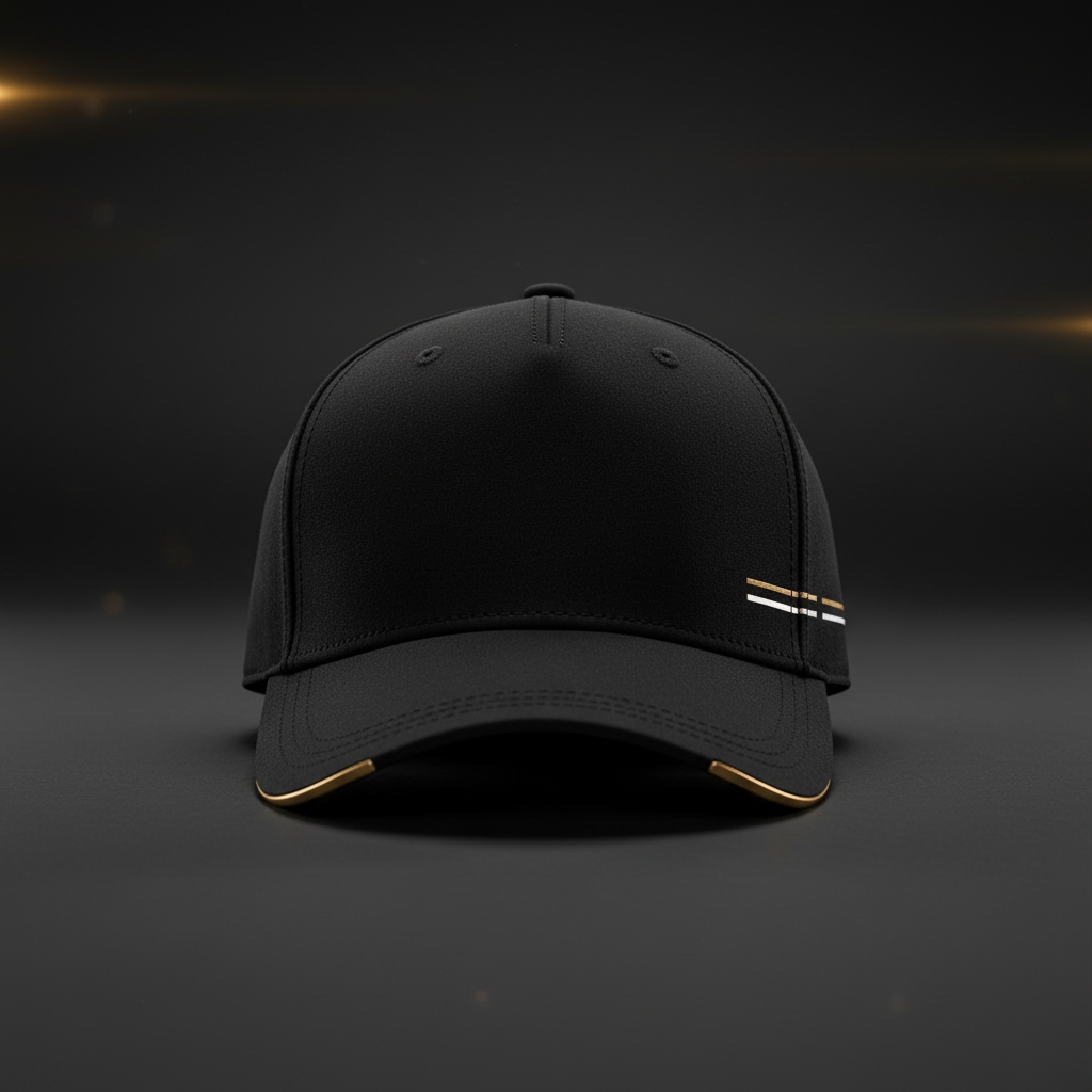 Gorra deportiva vista frontalmente en negro y dorado