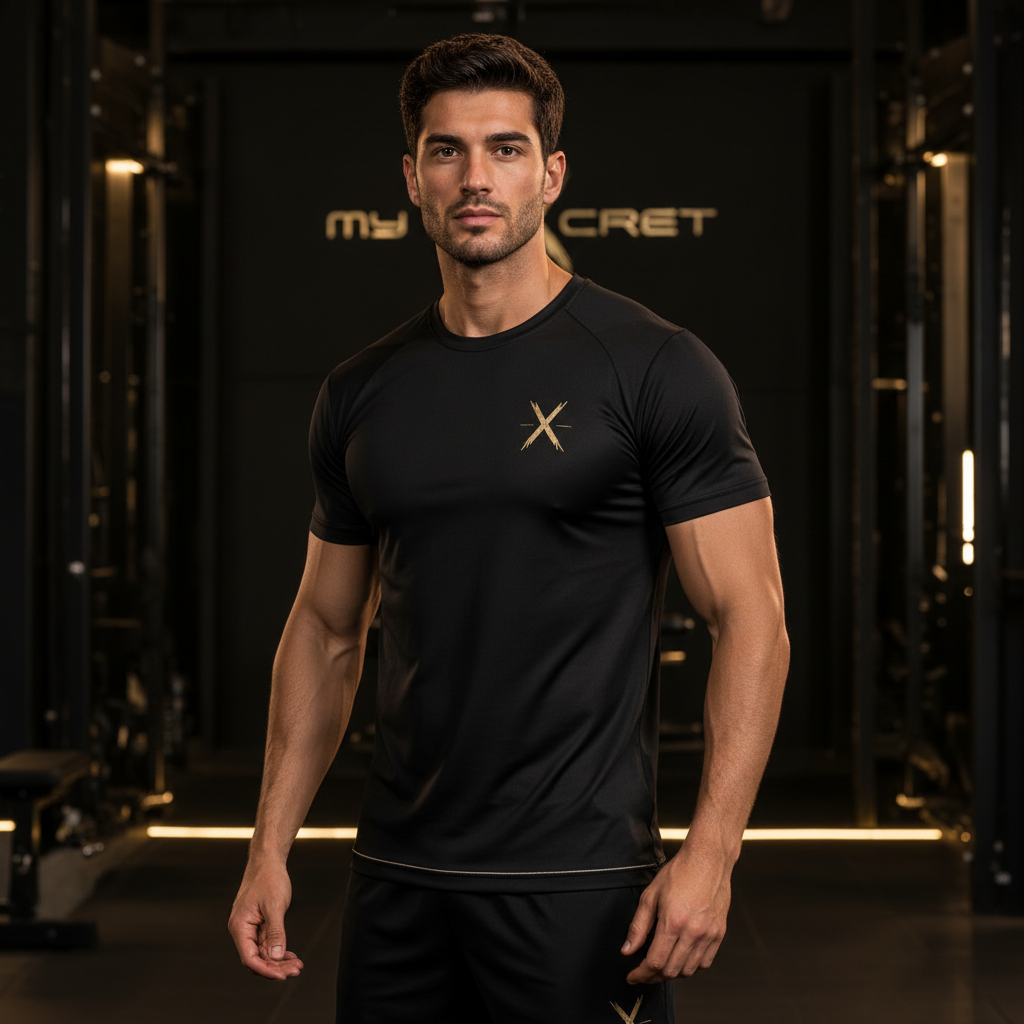 Modelo atlético con camiseta técnica deportiva negra y dorada