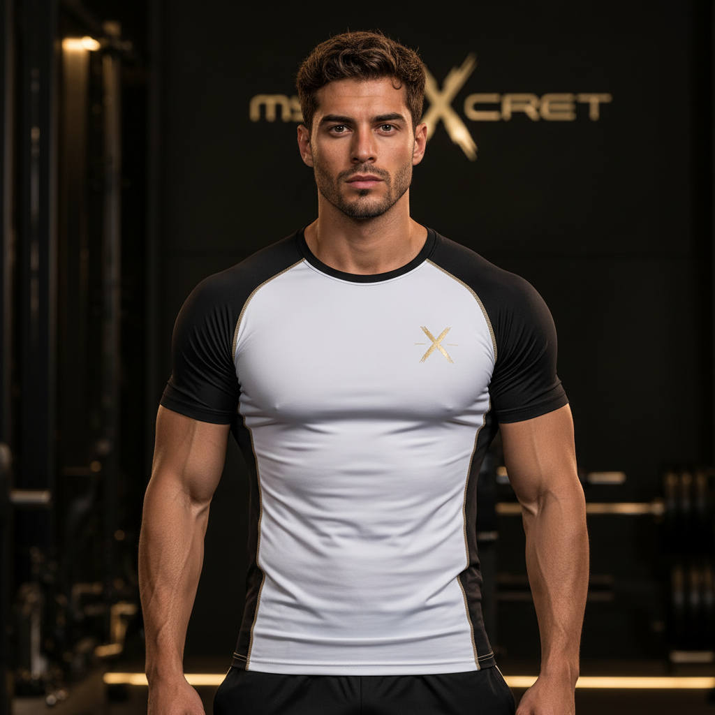 Modelo atlético con camiseta de compresión deportiva negra blanca y dorada