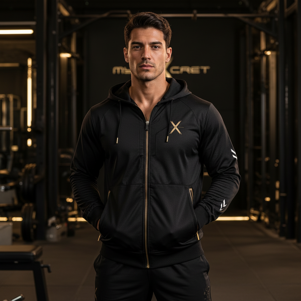 Modelo atlético con sudadera negra y detalles dorados