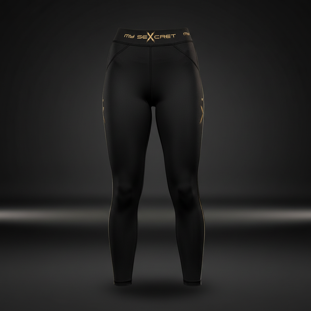 Leggings deportivos vistos frontalmente en negro y dorado
