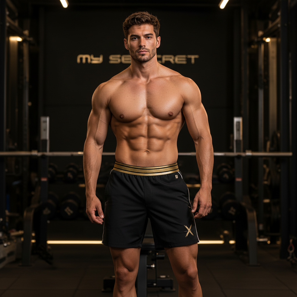 Modelo atlético con short deportivo negro y dorado