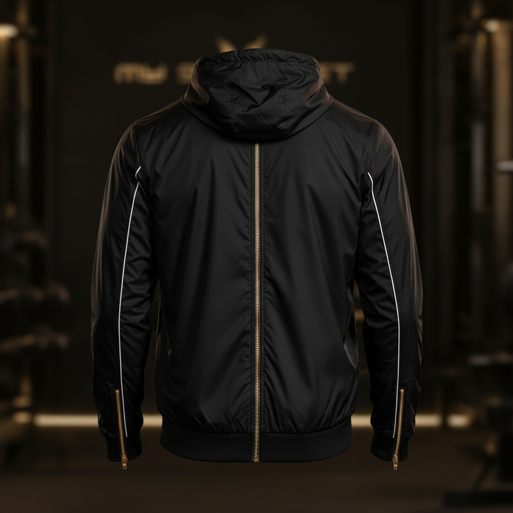 Chaqueta deportiva vista trasera en negro y dorado