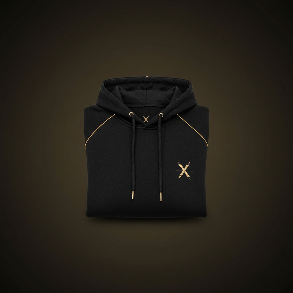 Sudadera deportiva negra con detalles dorados y blancos