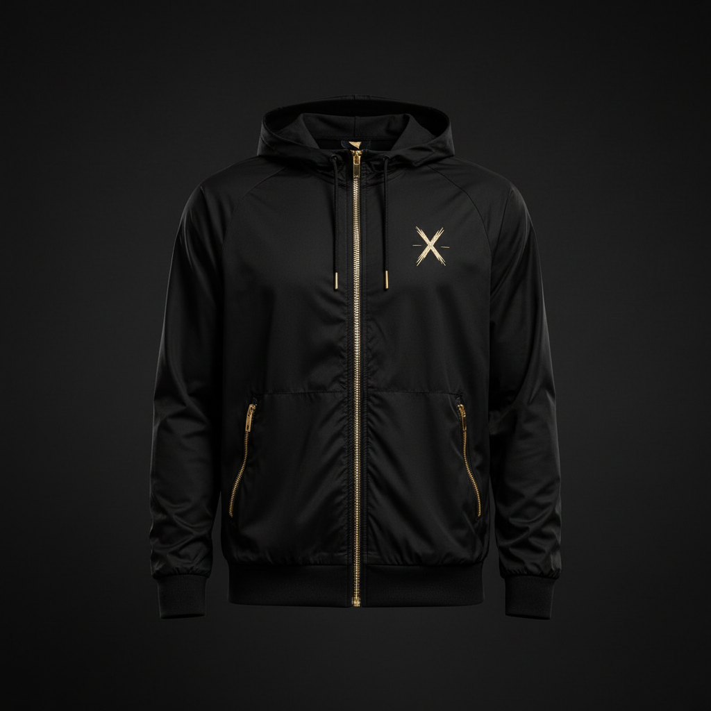 Chaqueta deportiva vista frontal en negro y dorado