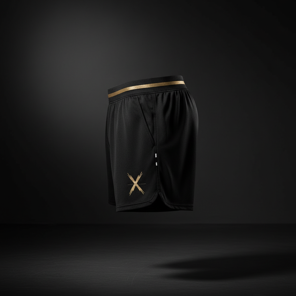 Short deportivo visto de lado en negro y dorado