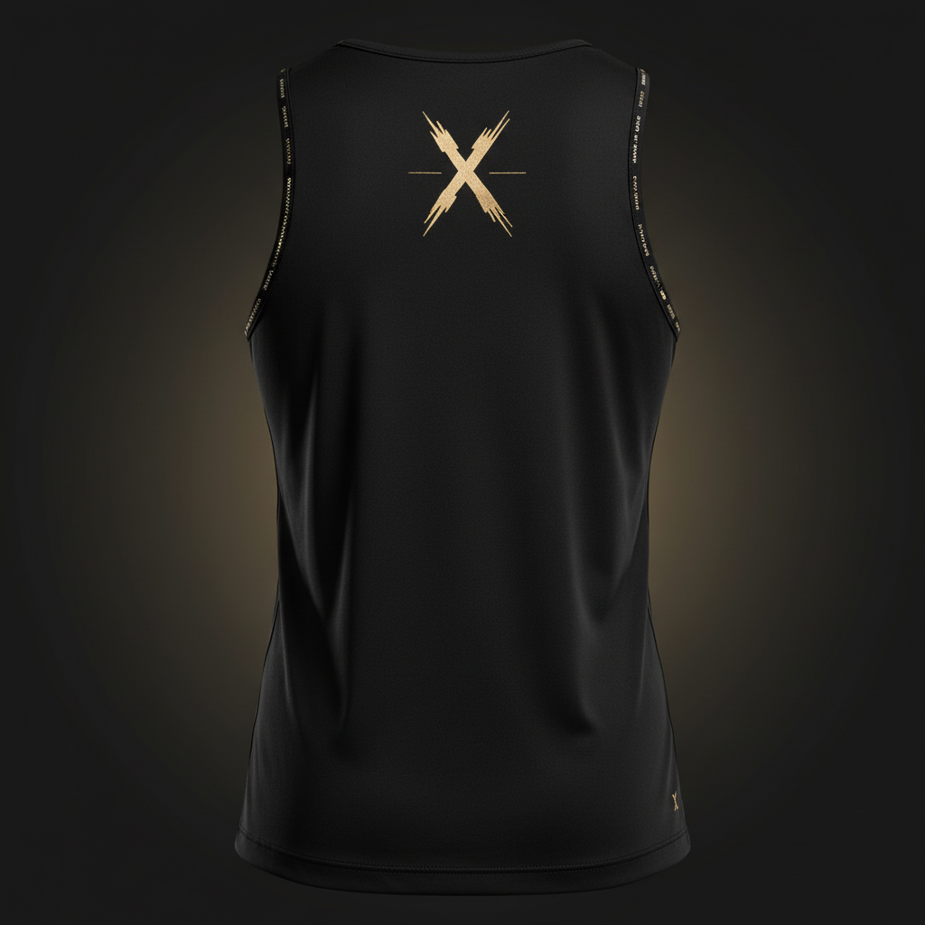 Tank top deportivo visto por detrás en negro y dorado