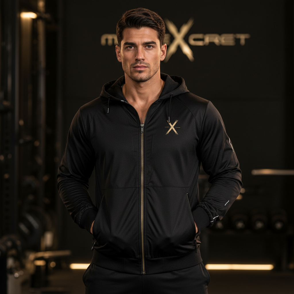 Modelo atlético con chaqueta deportiva negra y dorada