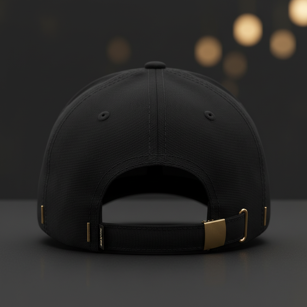 Gorra deportiva vista por detrás en negro y dorado