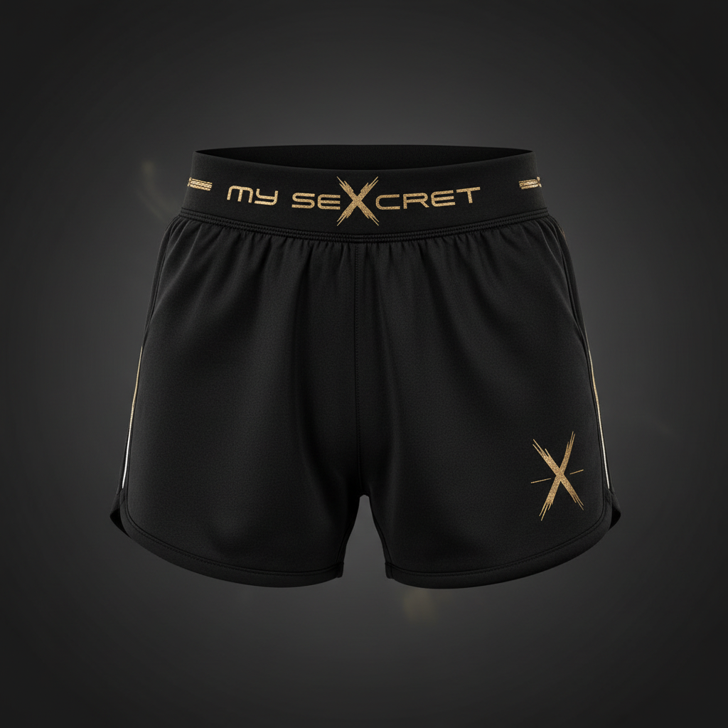 Short deportivo visto frontalmente en negro y dorado