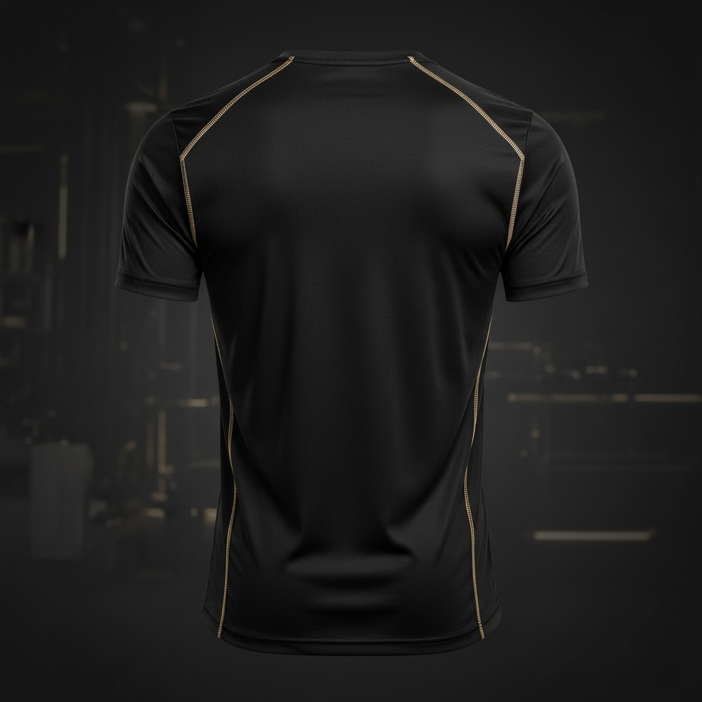 Camiseta técnica deportiva vista trasera en negro y dorado